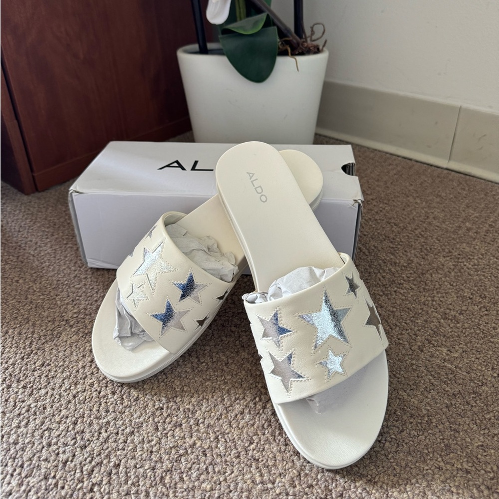 ***NEW WOT***Womens Aldo Estrellas Star Slide Sandals, White US 10